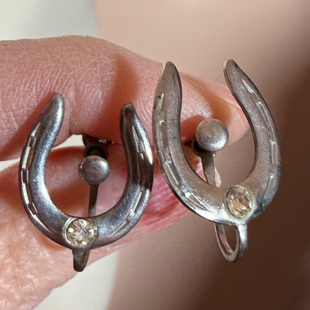 Vintage sterling silver deco Western horseshoe equestrian screw back earrings